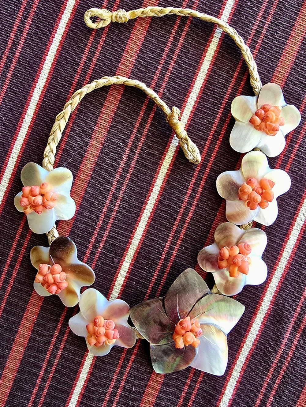 Mother of Pearl Artisan Floral Boho Chic Polynesian Necklace Coral Shell Accents